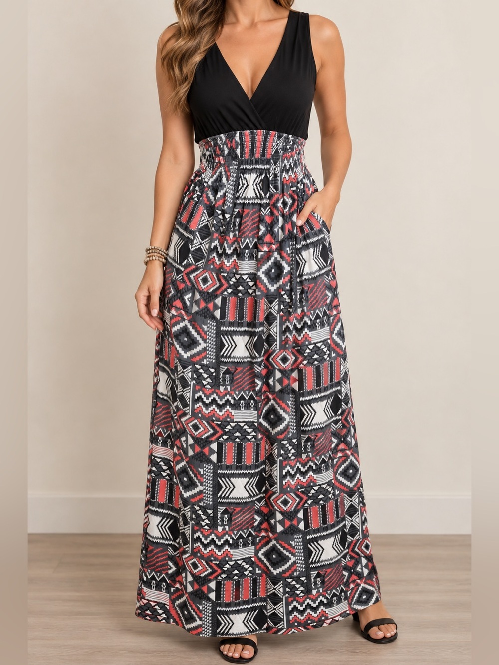 Felicity & Coco S Black Geometric Print Smocked Waist Maxi Dress